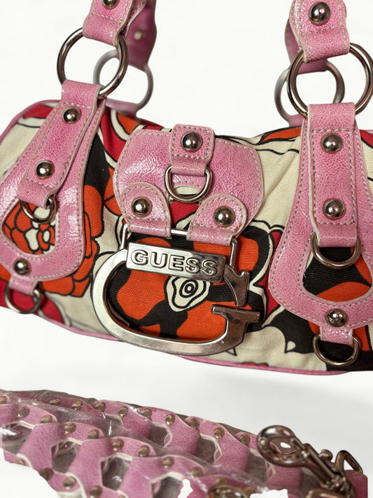 Vintage Guess Floral Canvas Shoulder Bag with Pink Details