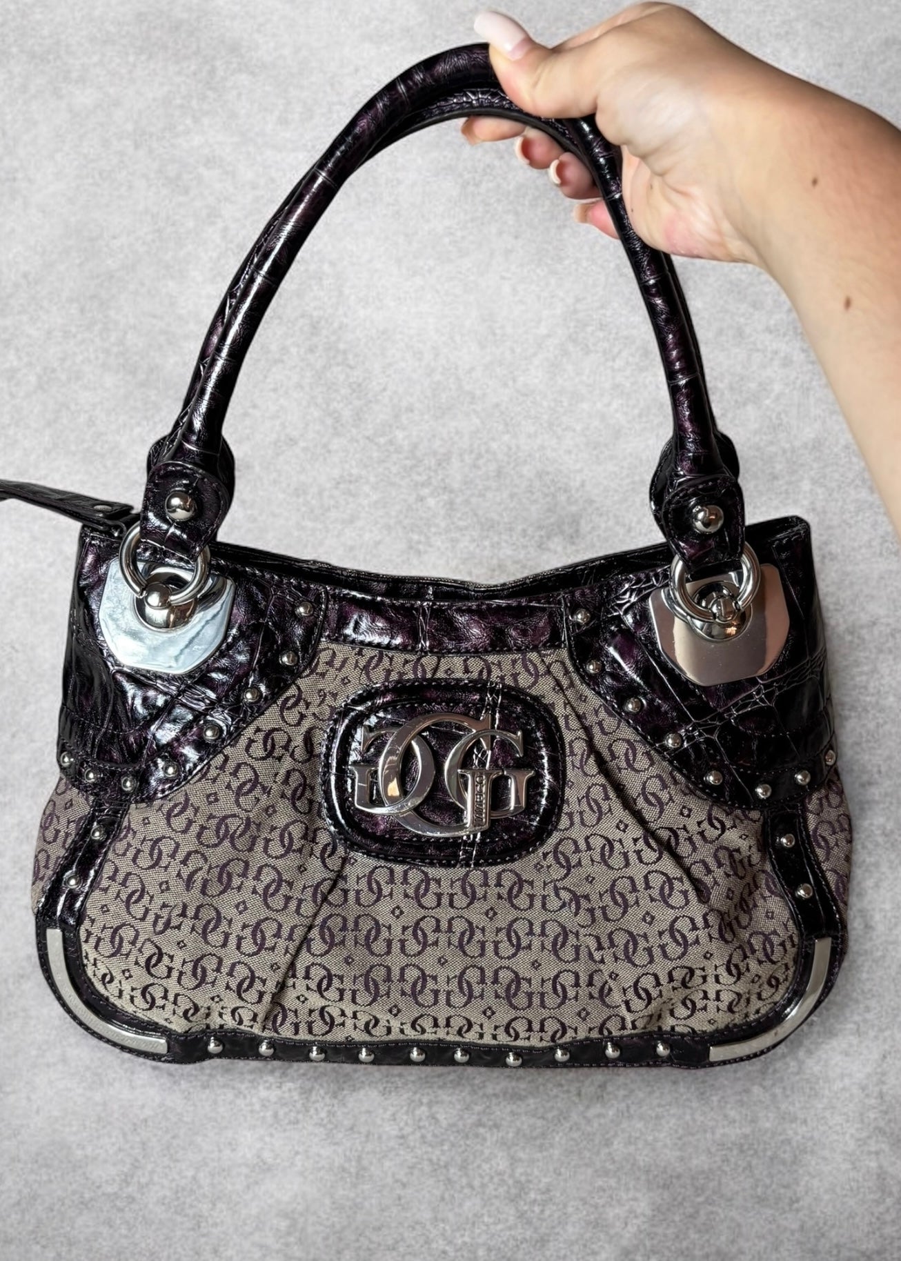Guess Vintage Monogram Canvas & Croc-Embossed Bag