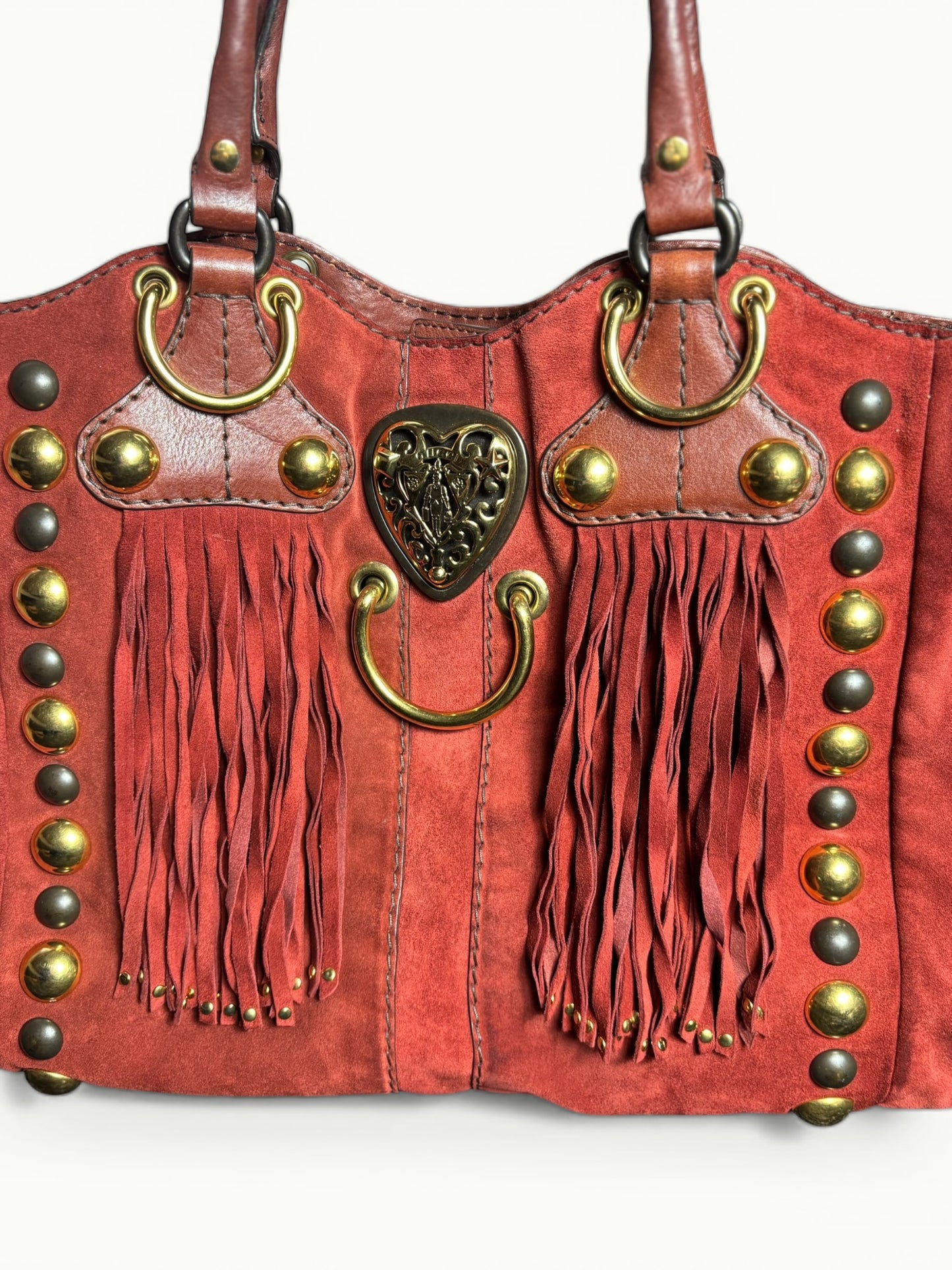 GUCCI Red Suede Fringe Tote Bag with Stud Details – Made in Italy