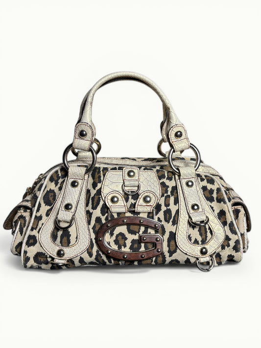 GUESS Leopard Print Y2K Shoulder Bag with Wooden Logo