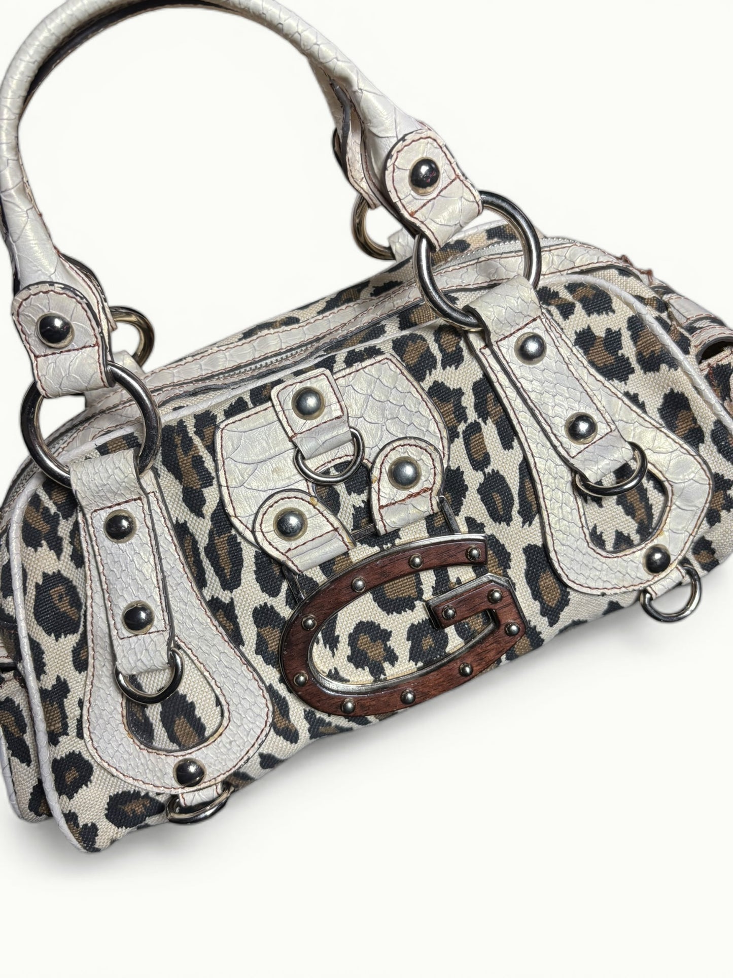 GUESS Leopard Print Y2K Shoulder Bag with Wooden Logo