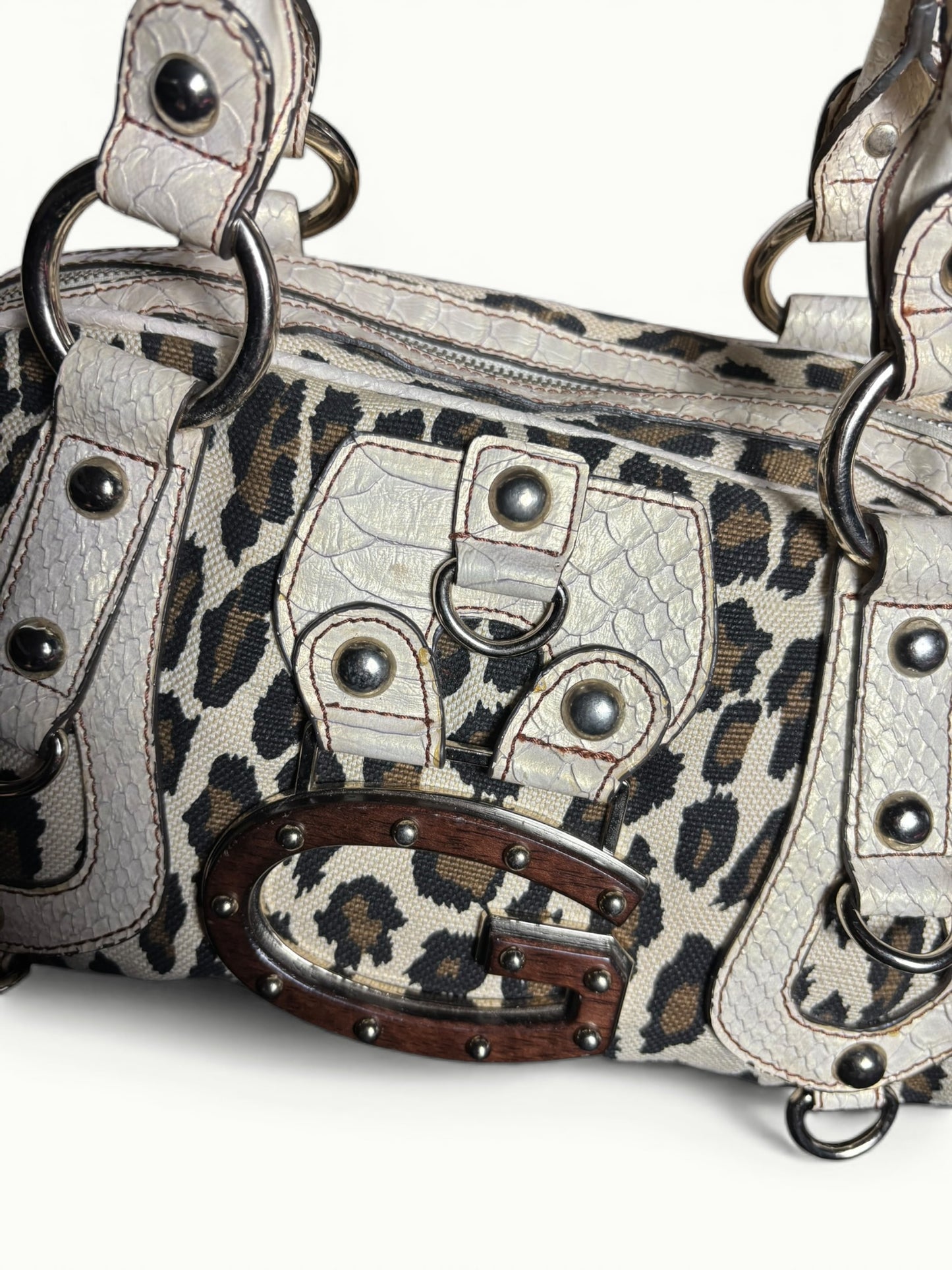 GUESS Leopard Print Y2K Shoulder Bag with Wooden Logo