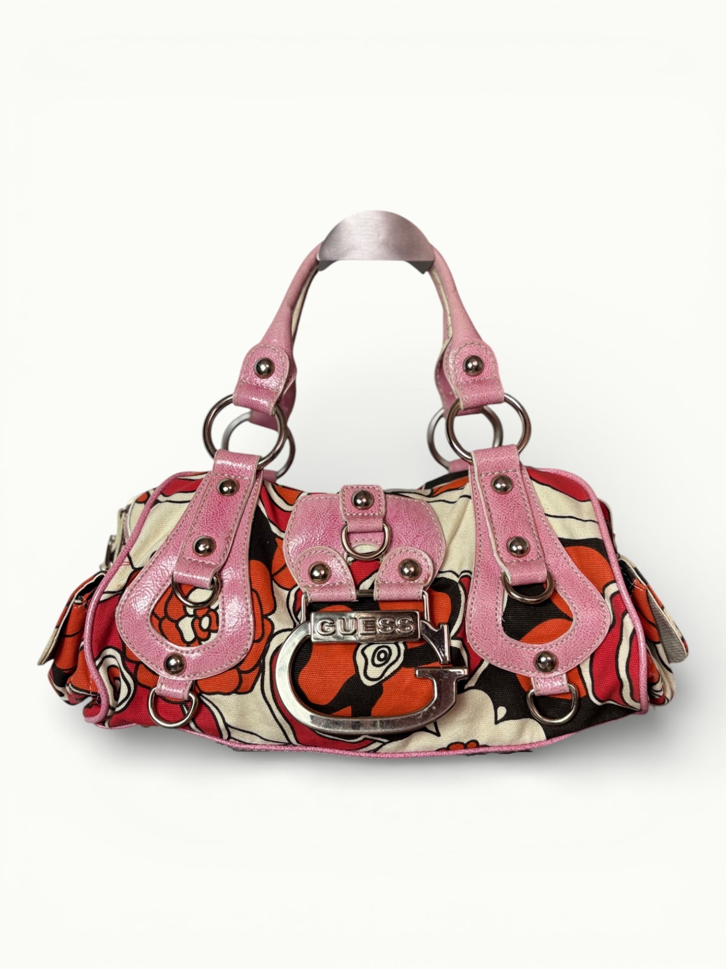 Vintage Guess Floral Canvas Shoulder Bag with Pink Details