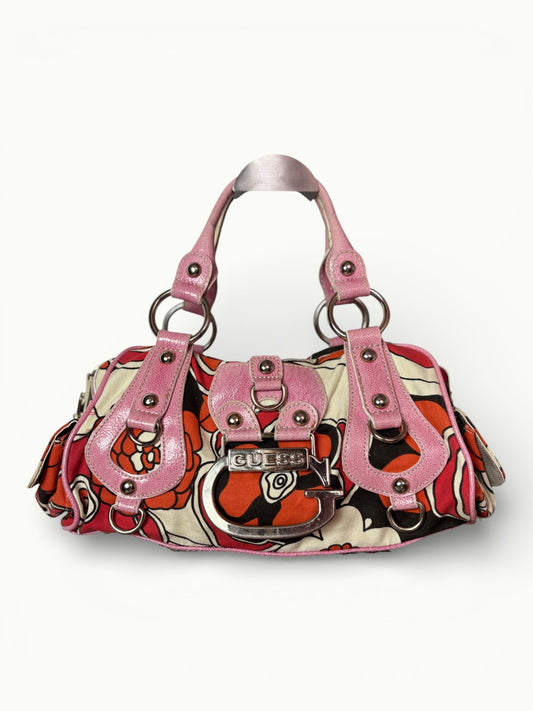 Vintage Guess Floral Canvas Shoulder Bag with Pink Details