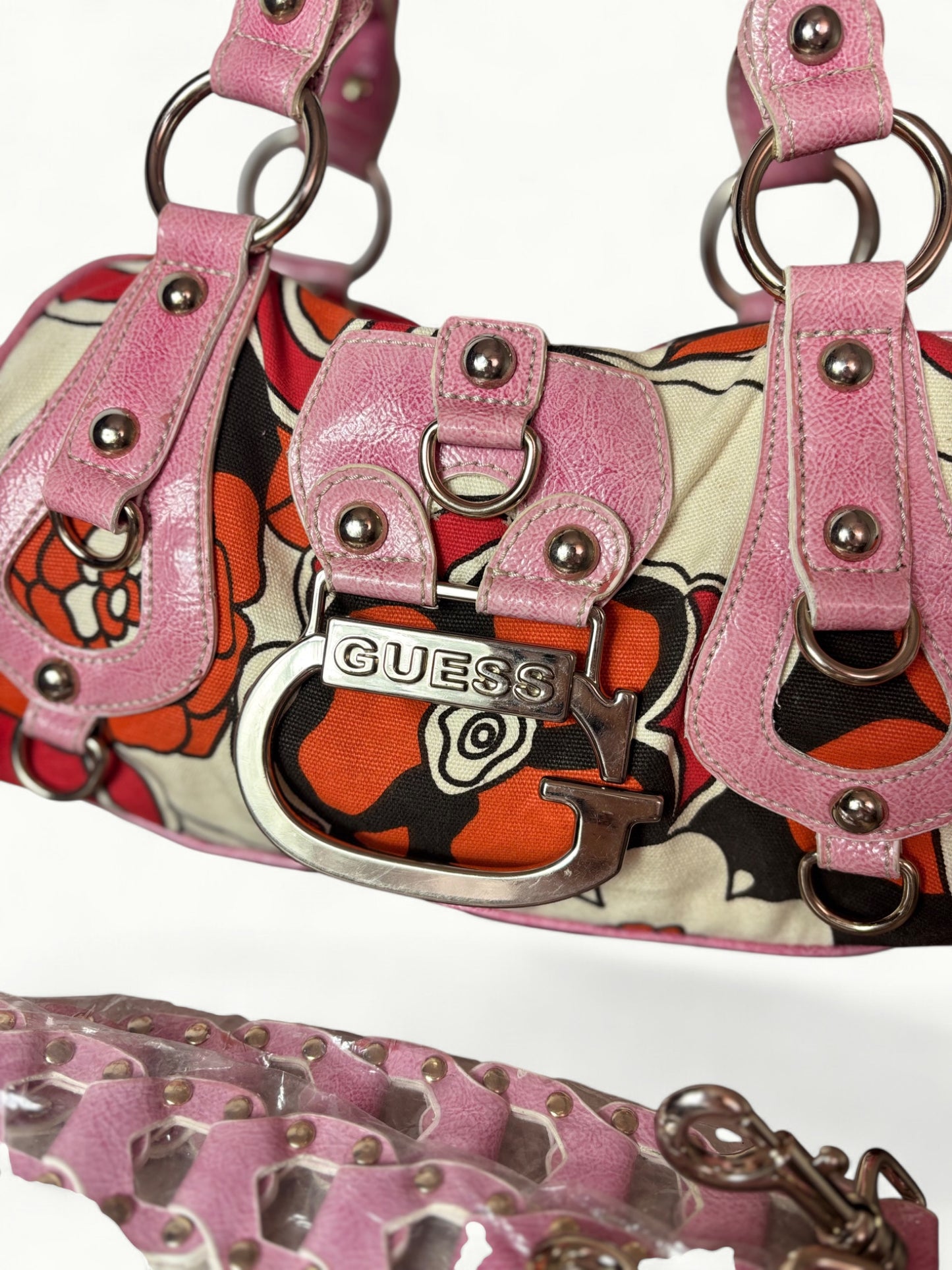 Vintage Guess Floral Canvas Shoulder Bag with Pink Details