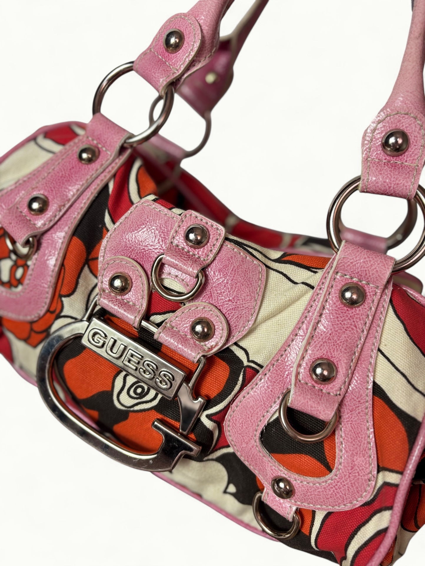 Vintage Guess Floral Canvas Shoulder Bag with Pink Details