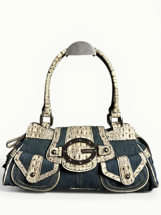 GUESS Denim Croc-Embossed Shoulder Bag – Y2K Statement Handbag