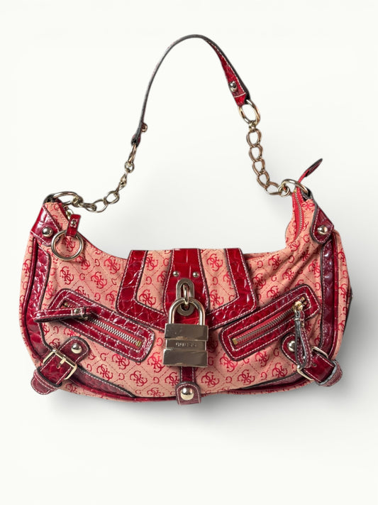 Guess Red Monogram Shoulder Bag with Padlock Detail