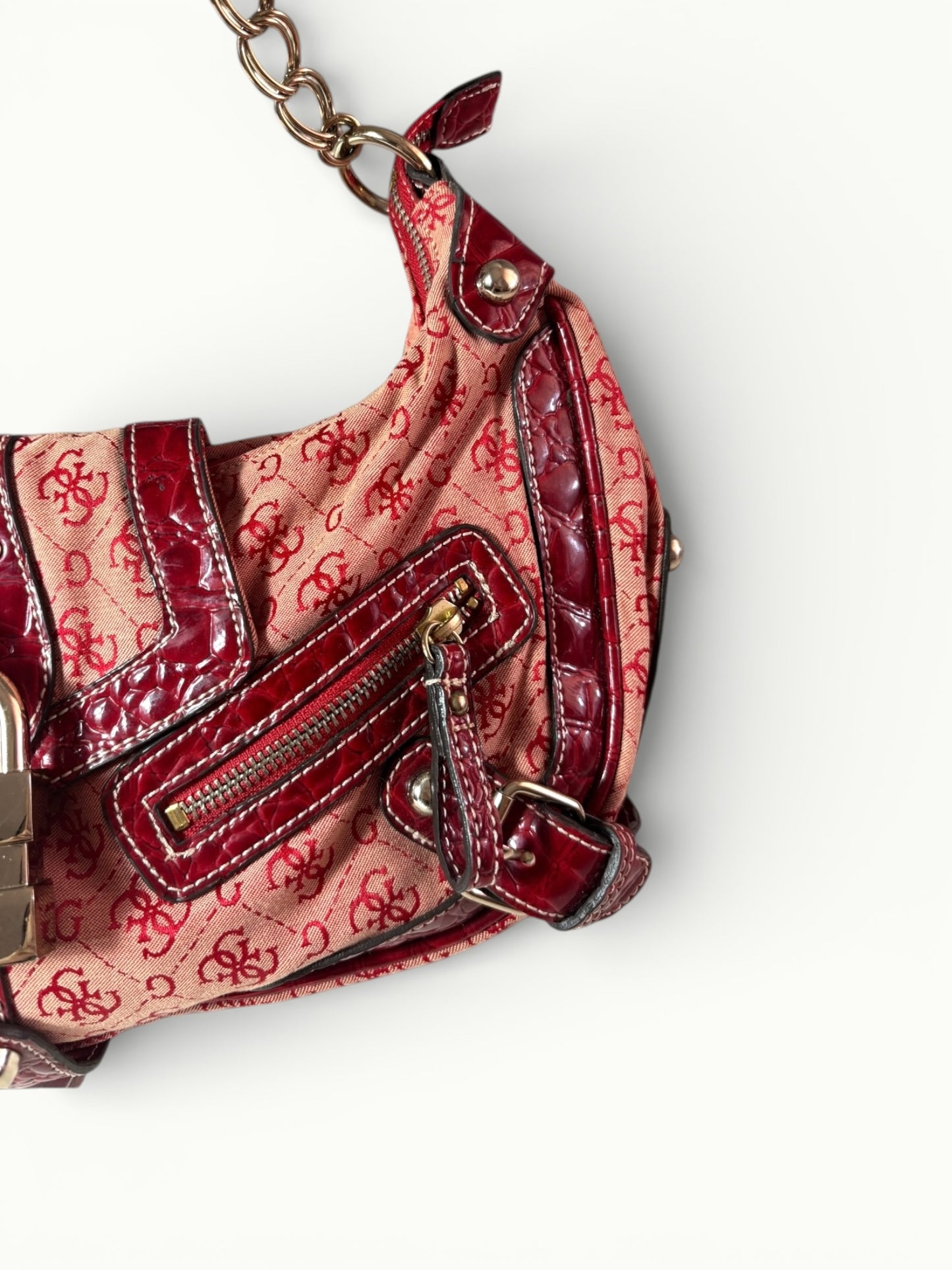 Guess Red Monogram Shoulder Bag with Padlock Detail