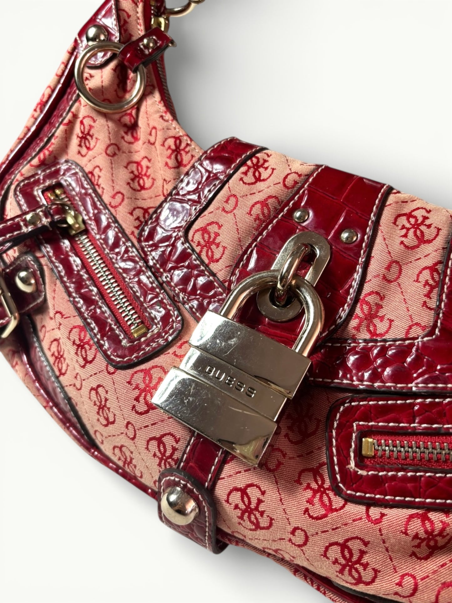 Guess Red Monogram Shoulder Bag with Padlock Detail