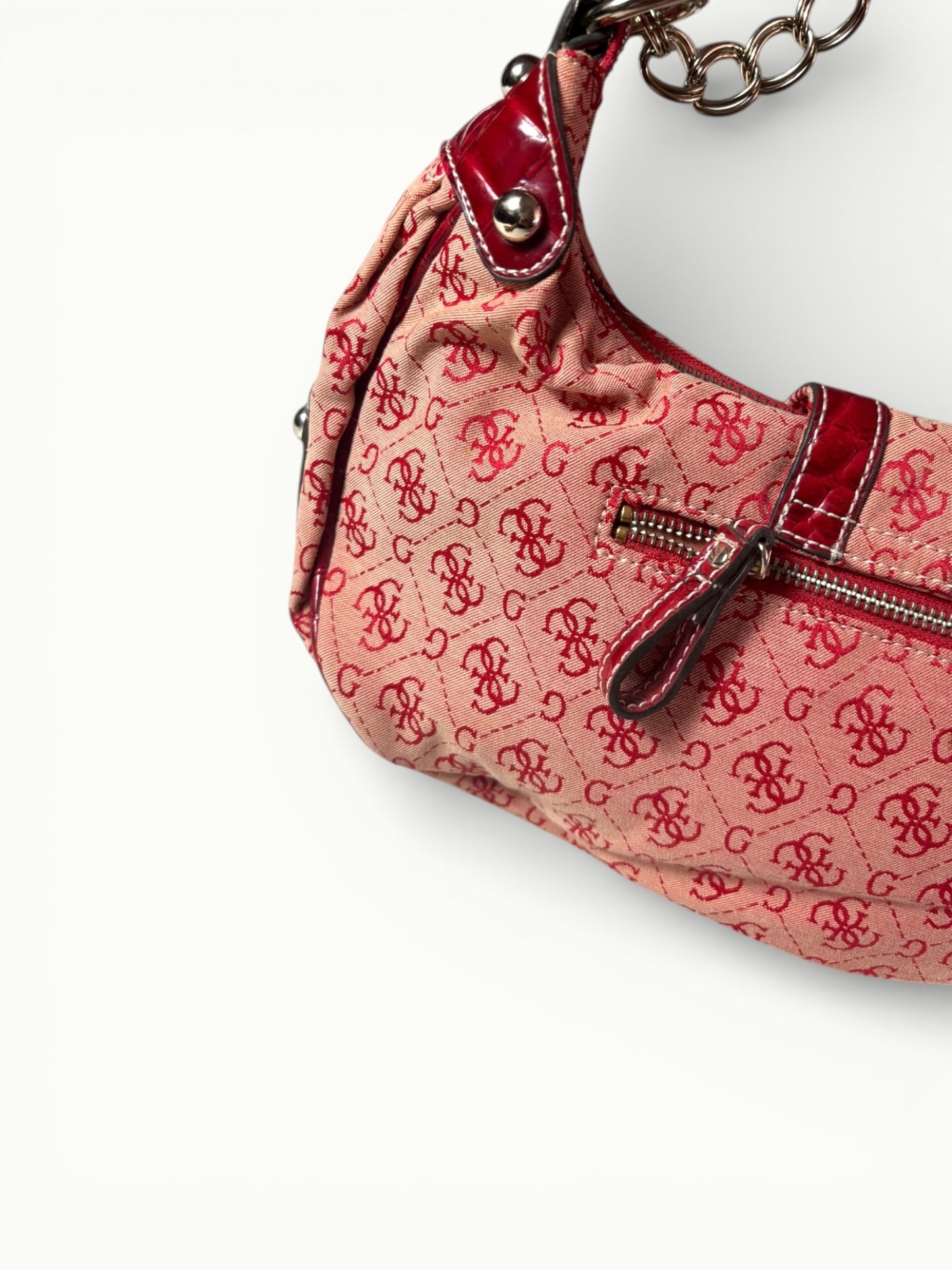 Guess Red Monogram Shoulder Bag with Padlock Detail