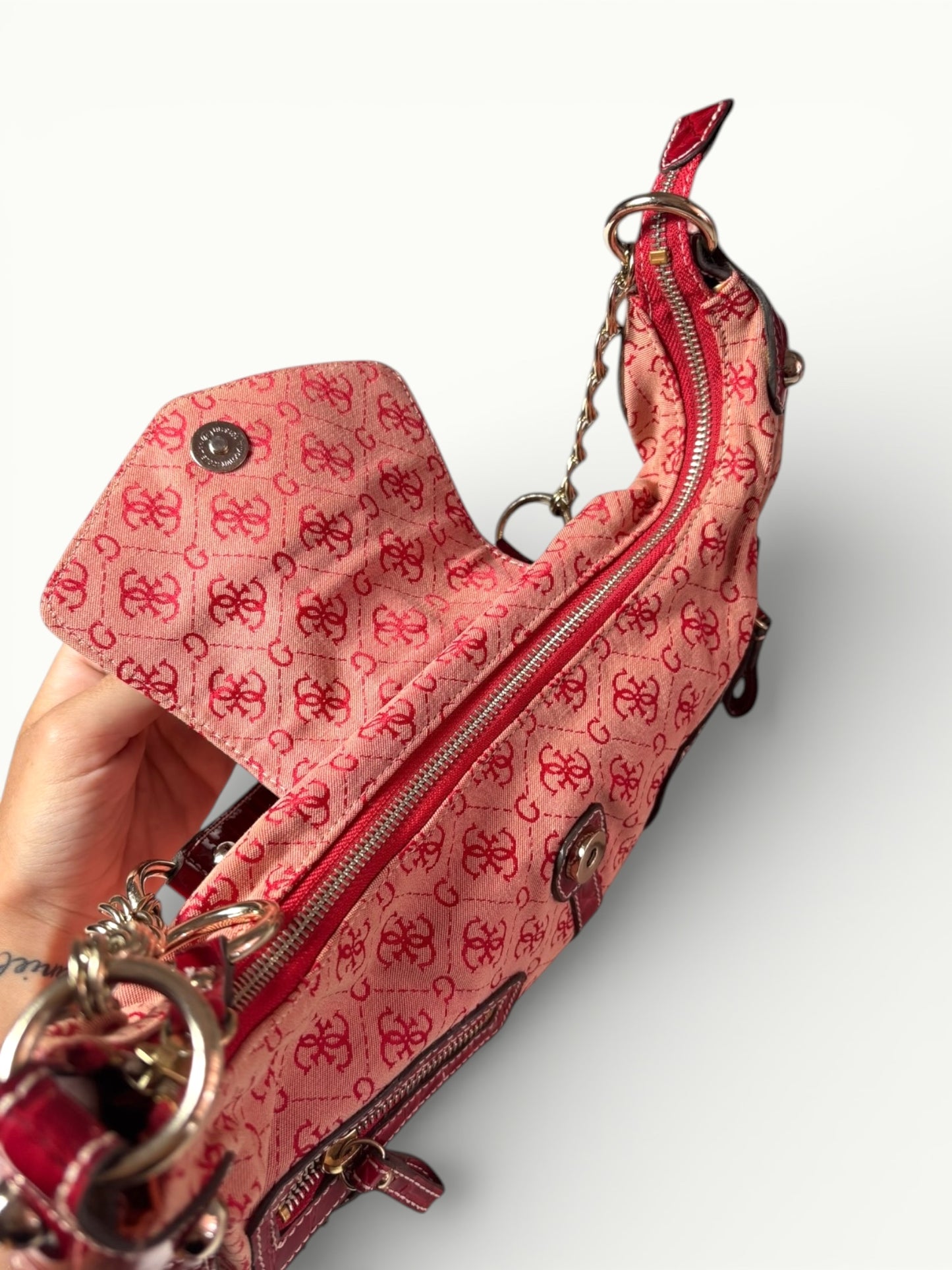 Guess Red Monogram Shoulder Bag with Padlock Detail