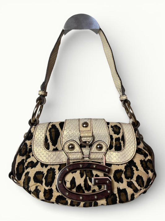 Vintage Guess Leopard Print Shoulder Bag with Logo Buckle Y2K Statement Handbag