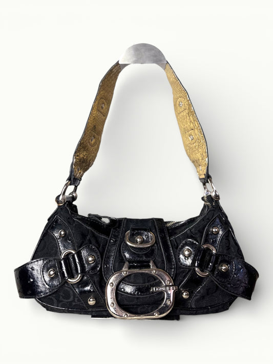 Vintage Guess Black Shoulder Bag with Oversized Logo Buckle Y2K Statement Handbag