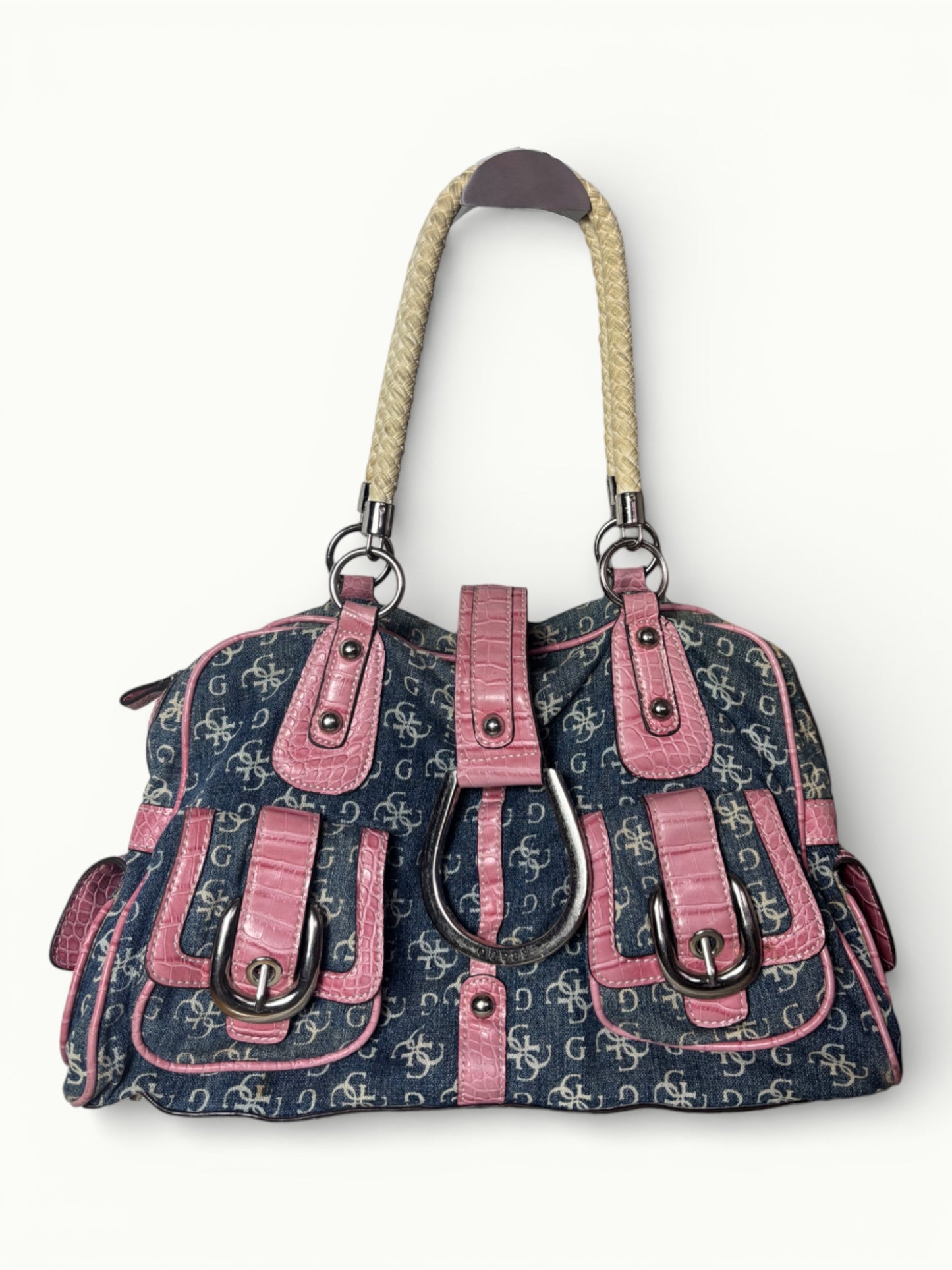 Vintage Guess Denim & Pink Croc Effect Shoulder Bag Y2K Logo Handbag