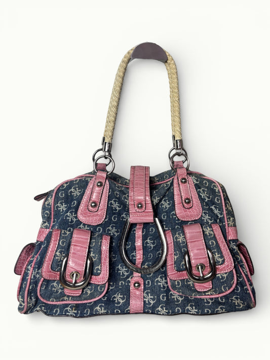 Vintage Guess Denim & Pink Croc Effect Shoulder Bag Y2K Logo Handbag
