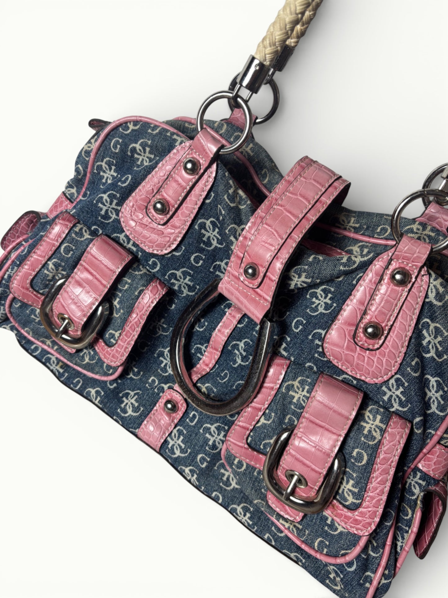 Vintage Guess Denim & Pink Croc Effect Shoulder Bag Y2K Logo Handbag