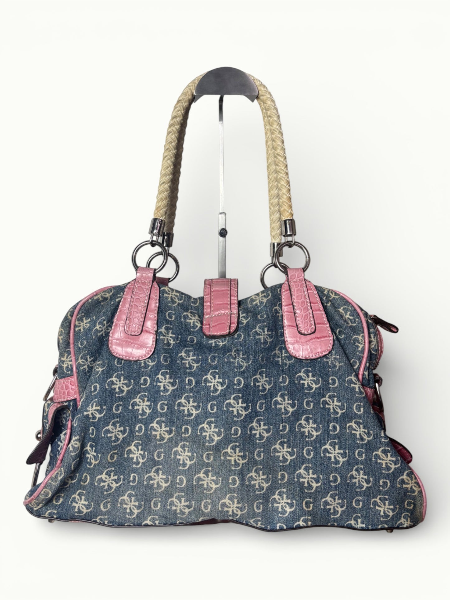 Vintage Guess Denim & Pink Croc Effect Shoulder Bag Y2K Logo Handbag