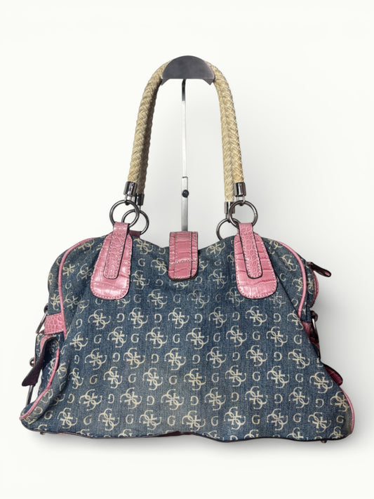 Vintage Guess Denim & Pink Croc Effect Shoulder Bag Y2K Logo Handbag